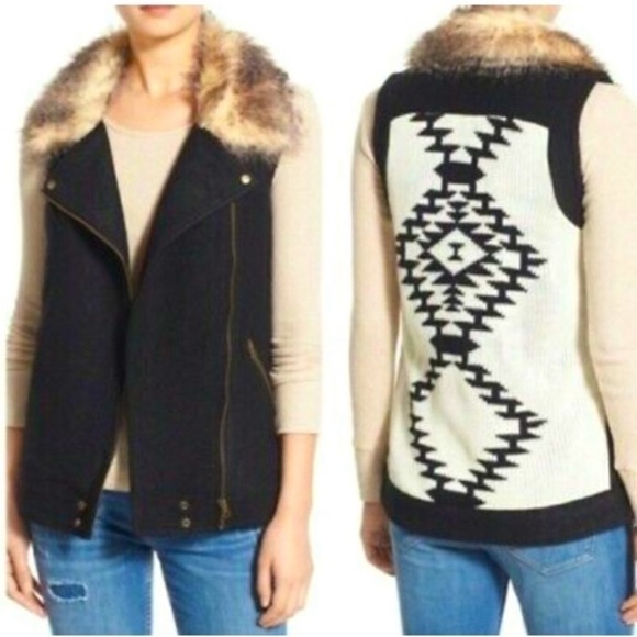 THREAD & SUPPLY XS Wool Blend vest Faux Fur Collar sweater back Aztec Tribal - Picture 1 of 4